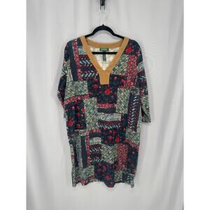 Lauren Ralph Lauren Dress Womens 2X Patchwork V Neck 3/4 Sleeve Boho Artsy